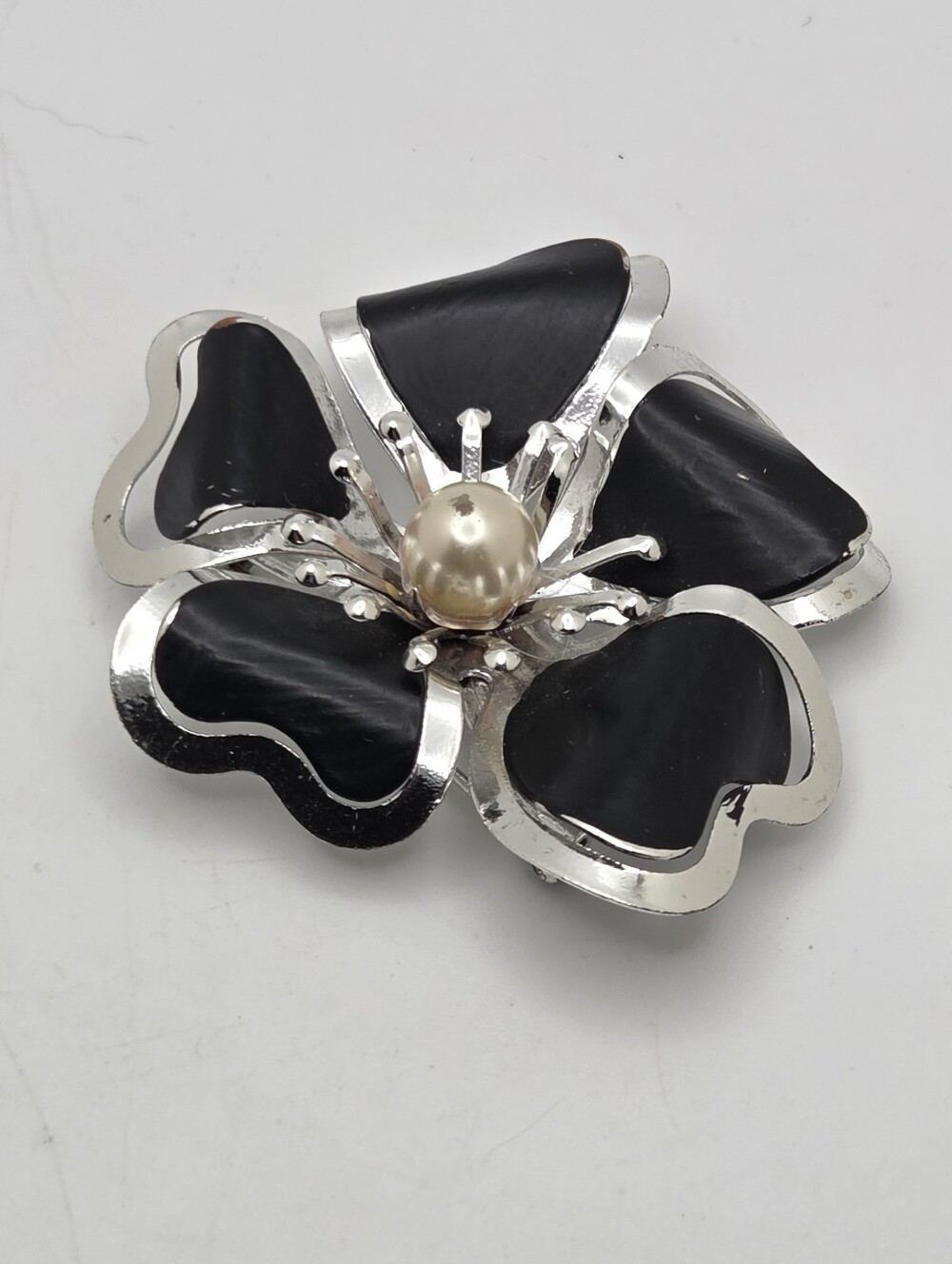 Estate Black Enamel Flower Brooch with Pearl Accent